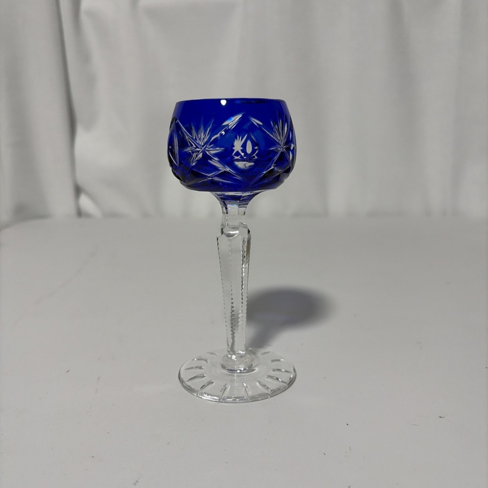 Miniature Crystal Wine Glass Cobalt Blue Bohemian Cut-to-Clear Star Pattern